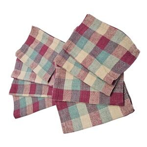 Pottery‎ Barn Placemats Set of 8 Cotton Woven Plaid Burgundy Teal Beige Country